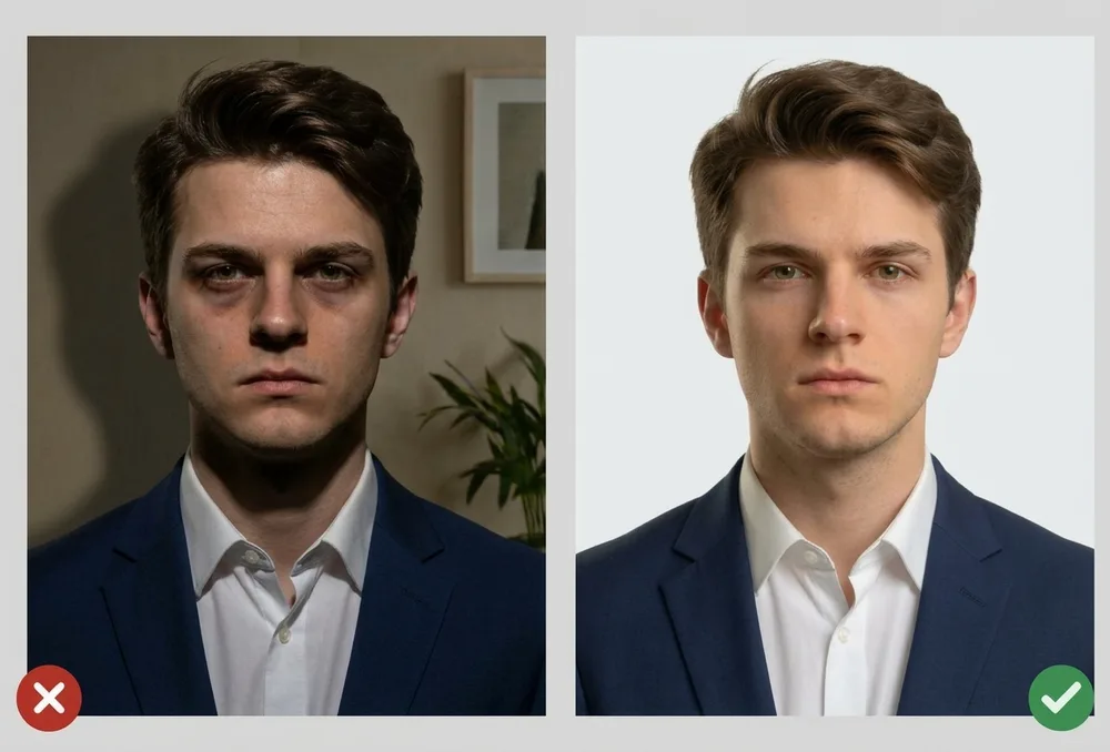 Shadows on the face or background causing passport photo rejection
