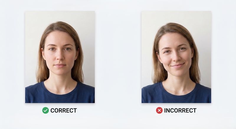 Correct passport photo expression: neutral face, mouth closed, eyes open