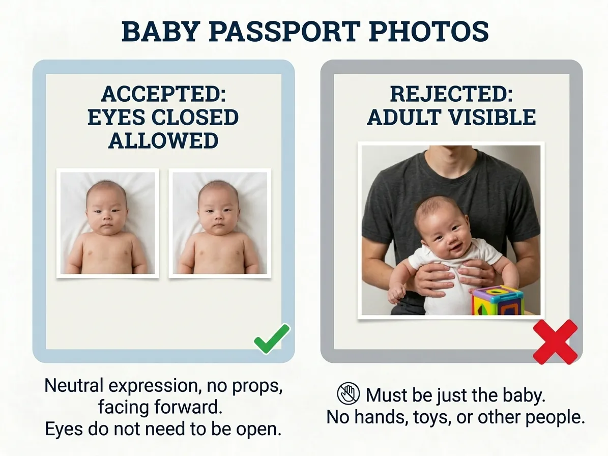 Two panels. The left, marked with a green tick, is captioned Accepted: eyes closed allowed and shows two small prints of a baby lying on a white sheet. The right, marked with a red cross, is captioned Rejected: adult visible and shows an adult holding a baby beside a toy.