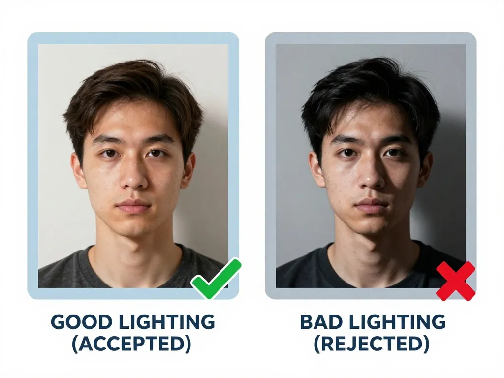Two portraits side by side. The left, captioned Good lighting (accepted) and marked with a green tick, is evenly lit against a light background. The right, captioned Bad lighting (rejected) and marked with a red cross, is lit hard from one side, leaving a deep shadow across half the face.