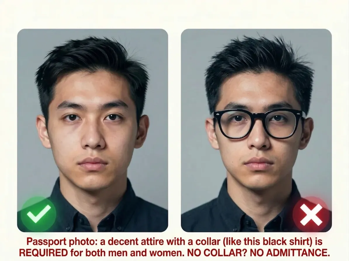 Two portraits side by side. The left, marked with a green tick, shows a man in a black collared shirt. The right, marked with a red cross, shows the same shirt with thick black glasses added, with a caption stating that a decent collared attire is required for both men and women.