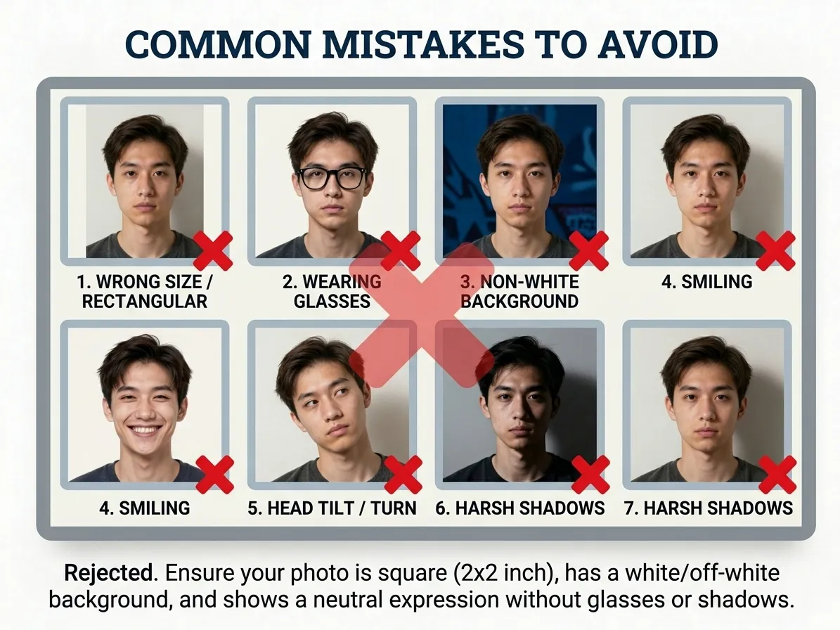 A grid headed Common mistakes to avoid showing eight portraits, each marked with a red cross and labelled wrong size or rectangular, wearing glasses, non-white background, smiling, head tilt or turn, and harsh shadows.