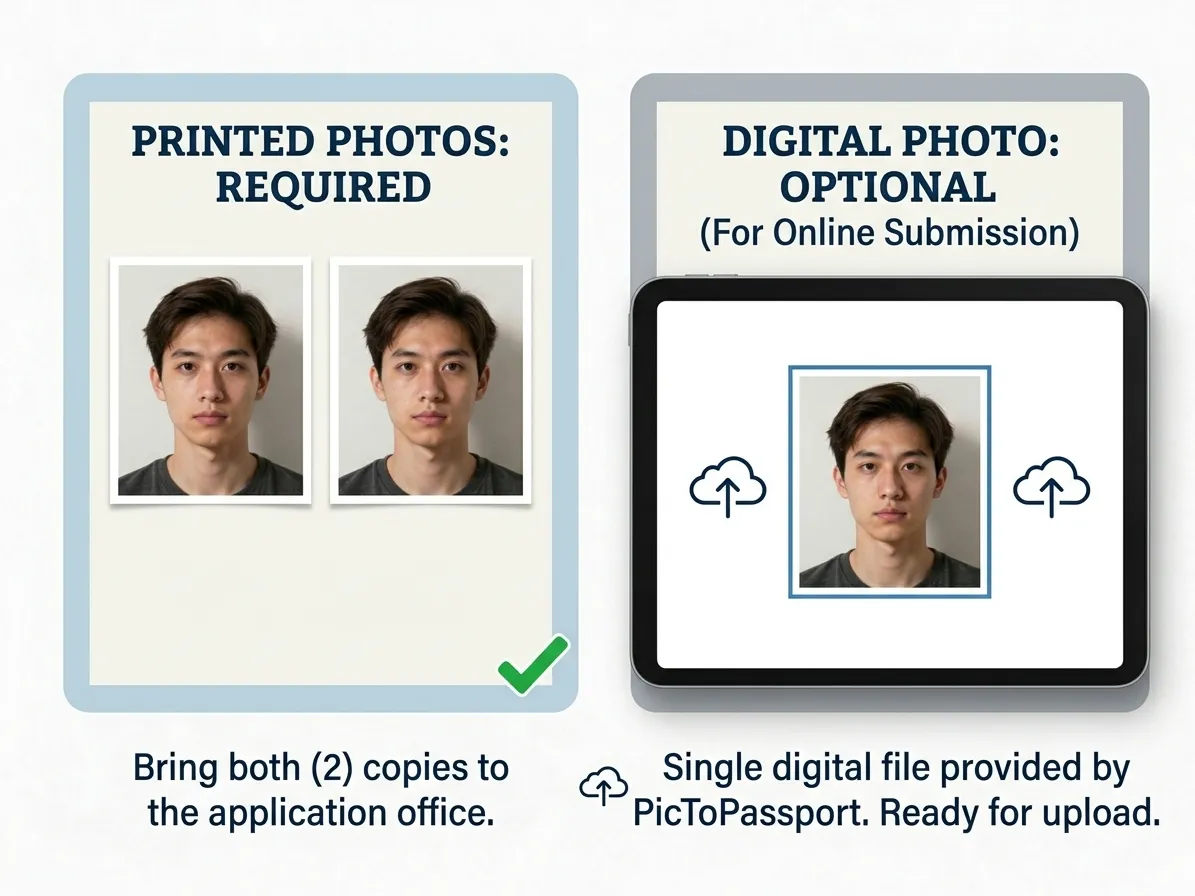 Two panels. The left, captioned Printed: required, shows two identical prints with a green tick, noted as copies to bring to the application office. The right, captioned Digital: optional, shows a tablet displaying the cropped portrait between two upload arrows, for online submission.