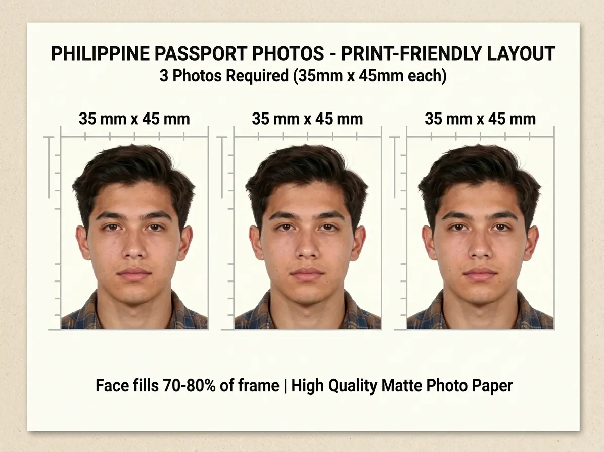 Print-friendly layout showing three identical 35 × 45 mm portrait prints side by side under the caption stating that three copies are required, with a note that the face fills 70 to 80 percent of the frame and to print on high quality matte paper.