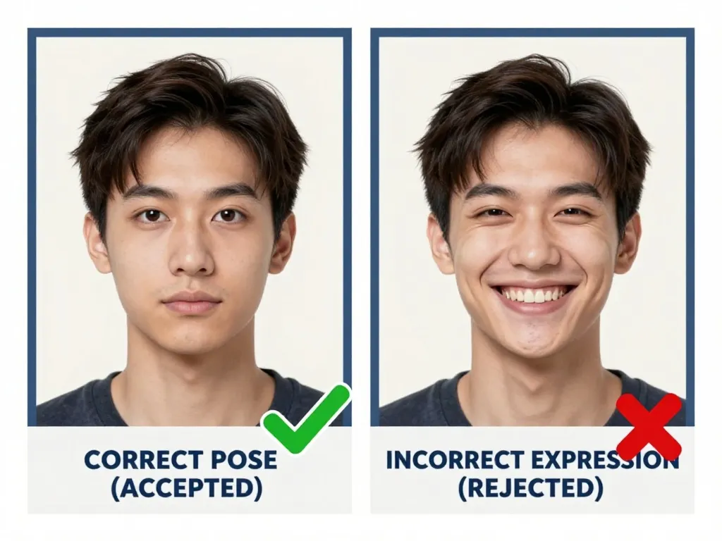 Two portraits side by side. The left, captioned Correct pose (accepted) and marked with a green tick, shows a closed mouth and a level gaze. The right, captioned Incorrect expression (rejected) and marked with a red cross, shows a wide toothy smile.