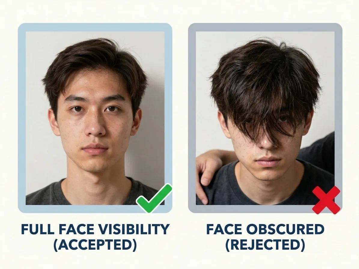 Two portraits side by side. The left, captioned Full face visibility (accepted) and marked with a green tick, shows a face with both edges clear. The right, captioned Face obscured (rejected) and marked with a red cross, shows hair falling across one eye and another person's hand on the shoulder.
