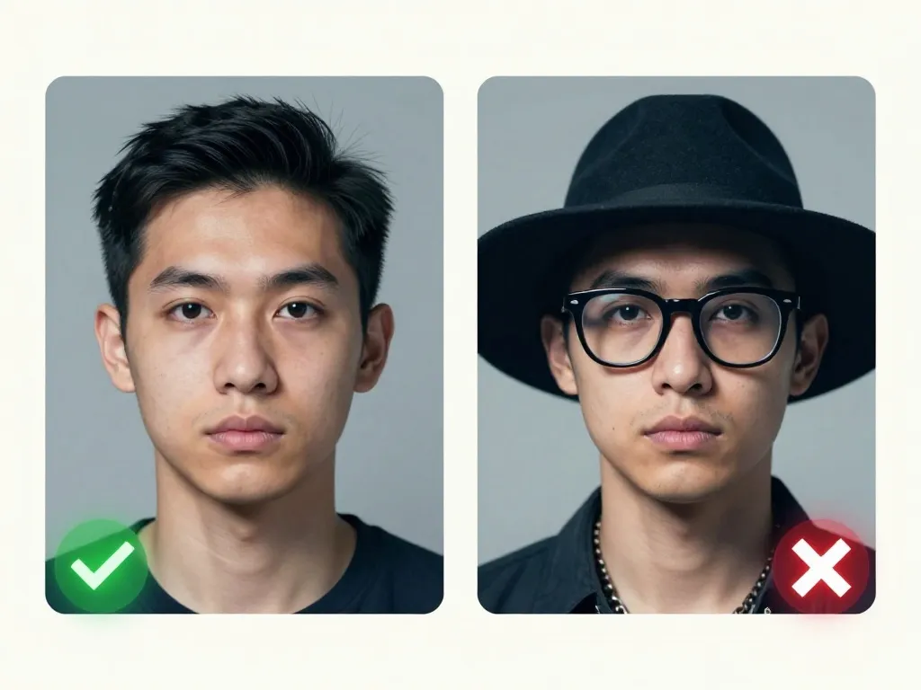 Two portraits side by side with no captions. The left, marked with a green tick, shows a man with no glasses and no hat. The right, marked with a red cross, shows the same man wearing thick black glasses and a black wide-brimmed hat.