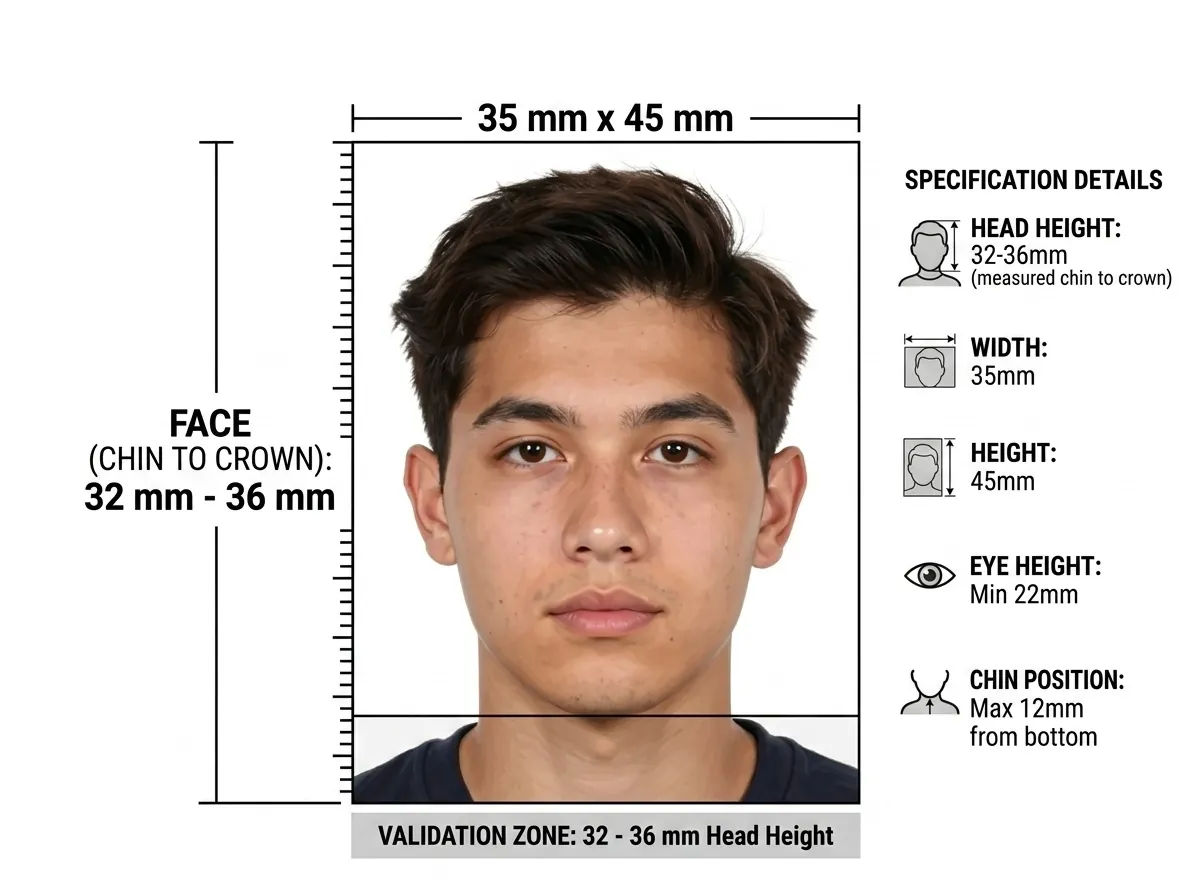 Measurement diagram of a 35 × 45 mm print with a portrait inside a ruler frame. A bracket on the left gives a face measurement of 32 to 36 mm, and a specification panel lists head height, a width of 35 mm, a height of 45 mm, a minimum eye height of 22 mm and a maximum chin position 12 mm from the bottom.