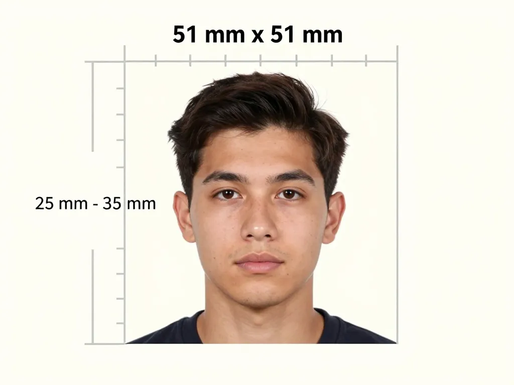 Measurement diagram of a 51 × 51 mm square print with a portrait inside a ruler frame and a bracket on the left marking a head measurement of 25 to 35 mm.