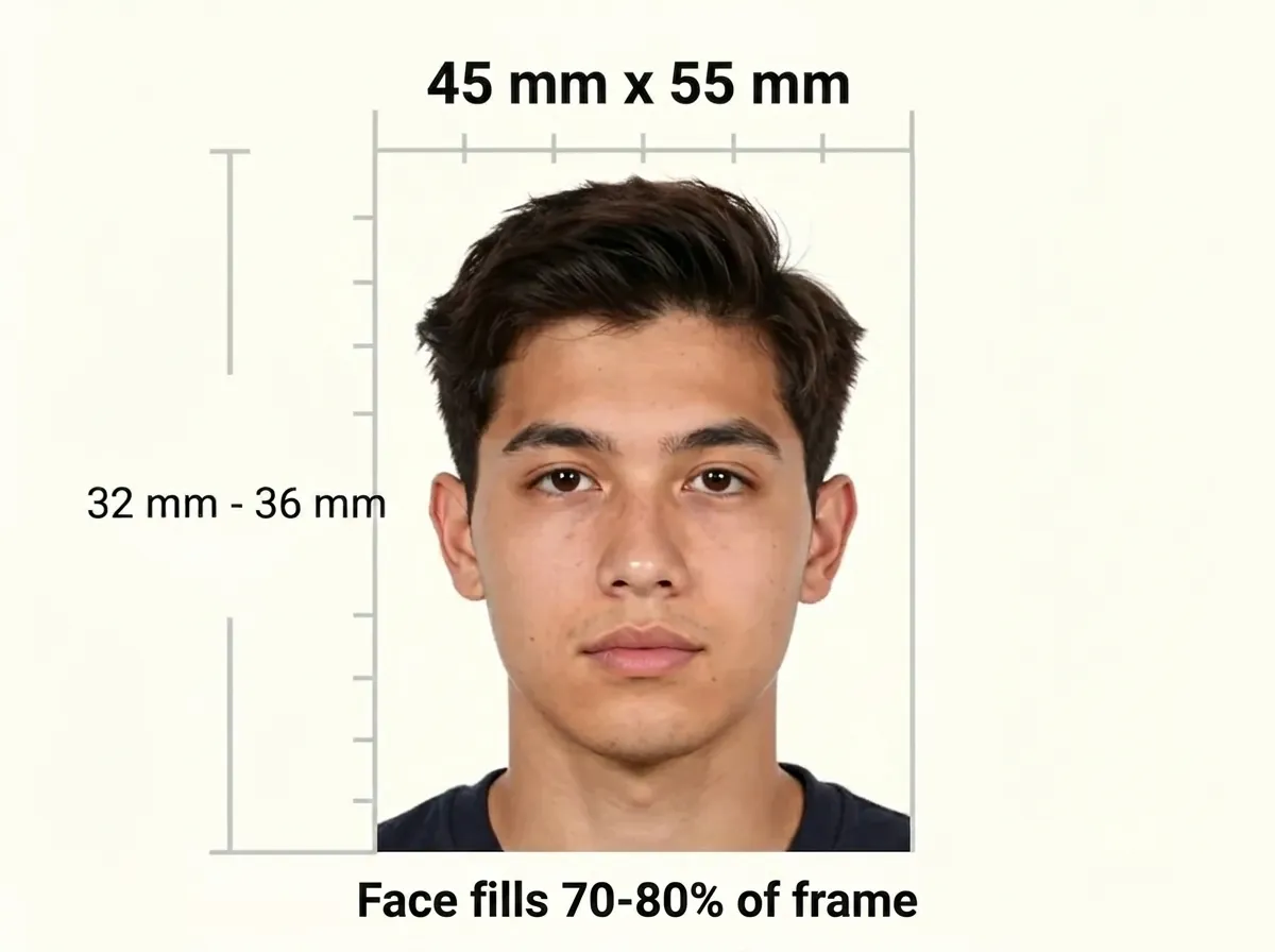 Measurement diagram of a 45 × 55 mm print with a portrait inside a ruler frame, a bracket on the left marking the permitted head height, and a note that the face fills 70 to 80 percent of the frame.