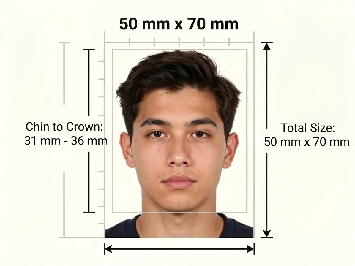 Measurement diagram of a 50 × 70 mm print with a portrait inside a ruler frame, labelled chin to crown 31 to 36 mm on the left and total size 50 × 70 mm on the right.