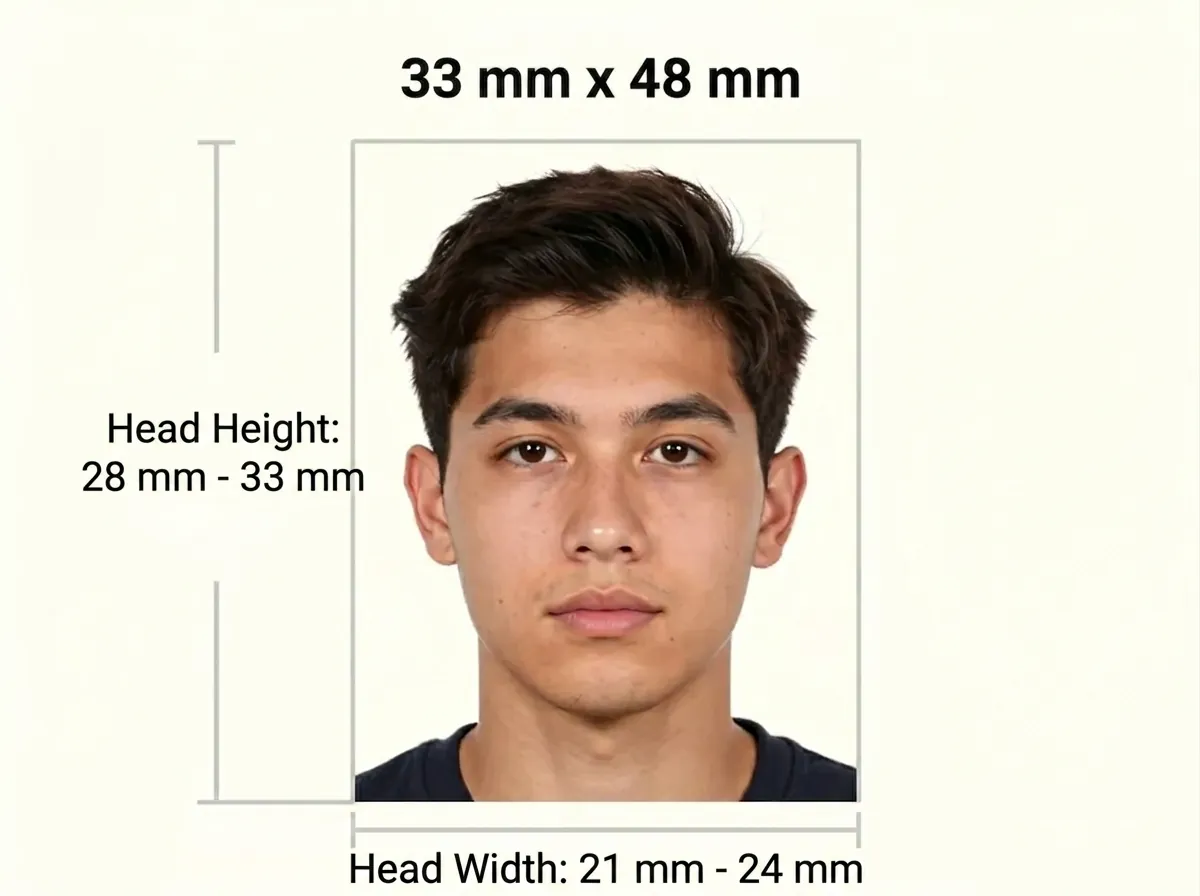 Measurement diagram of a 33 × 48 mm print with a portrait inside a ruler frame, labelled with a head height of 28 to 33 mm on the left and a head width of 21 to 24 mm below.