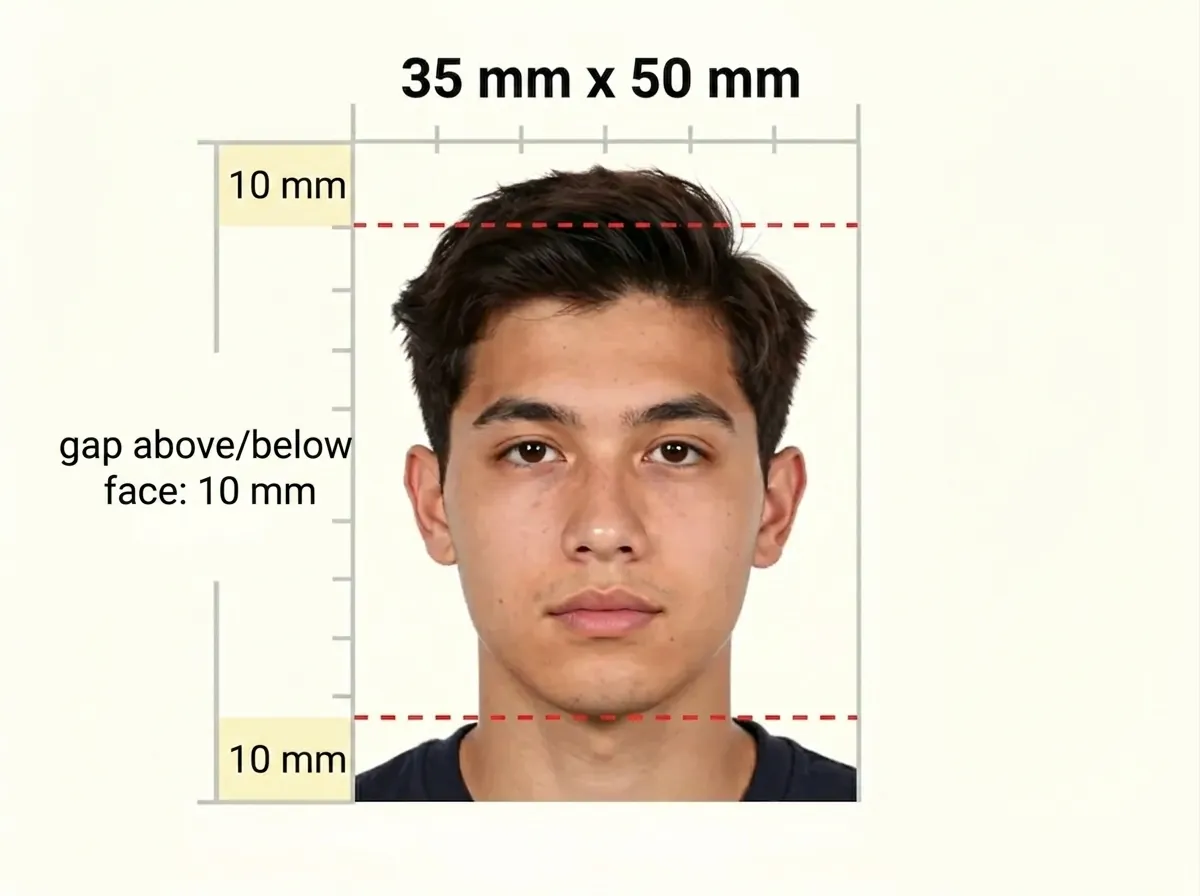 Measurement diagram of a 35 × 50 mm print with a portrait inside a ruler frame. Red dashed lines mark a 10 mm gap above and below the face, highlighted with yellow boxes.