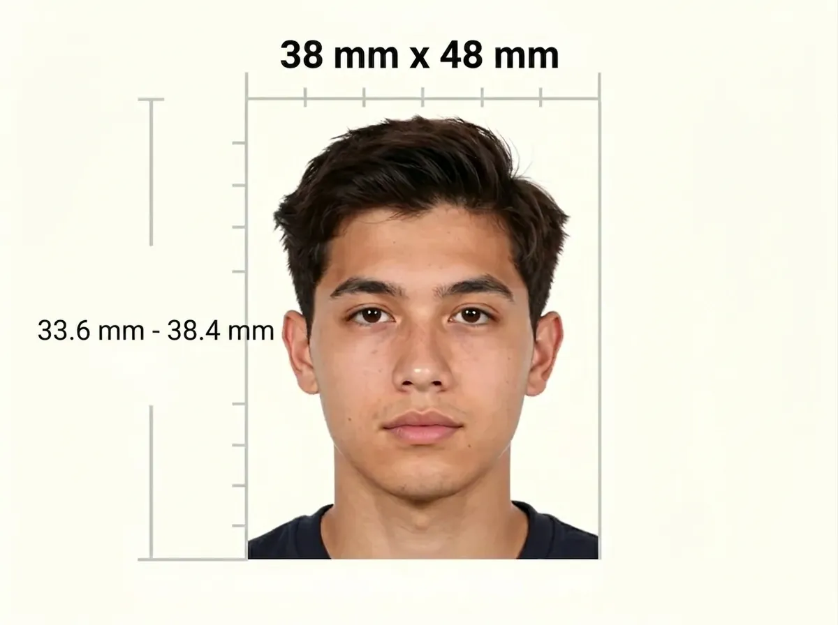 Measurement diagram of a 38 × 48 mm print with a portrait inside a ruler frame and a bracket on the left marking a head measurement of 33.6 to 38.4 mm.