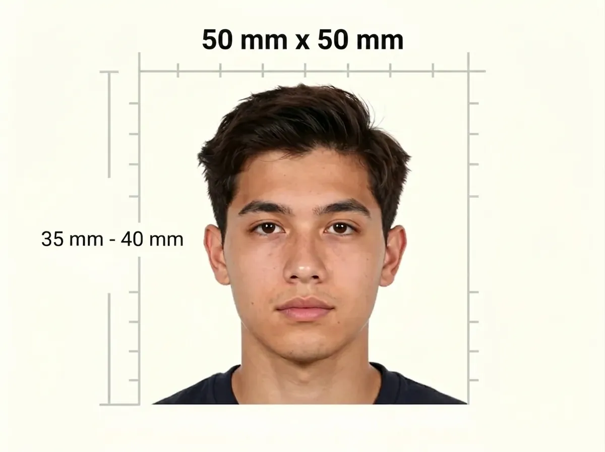 Measurement diagram of a 50 × 50 mm square print with a portrait inside a ruler frame and a bracket on the left marking the head measurement.