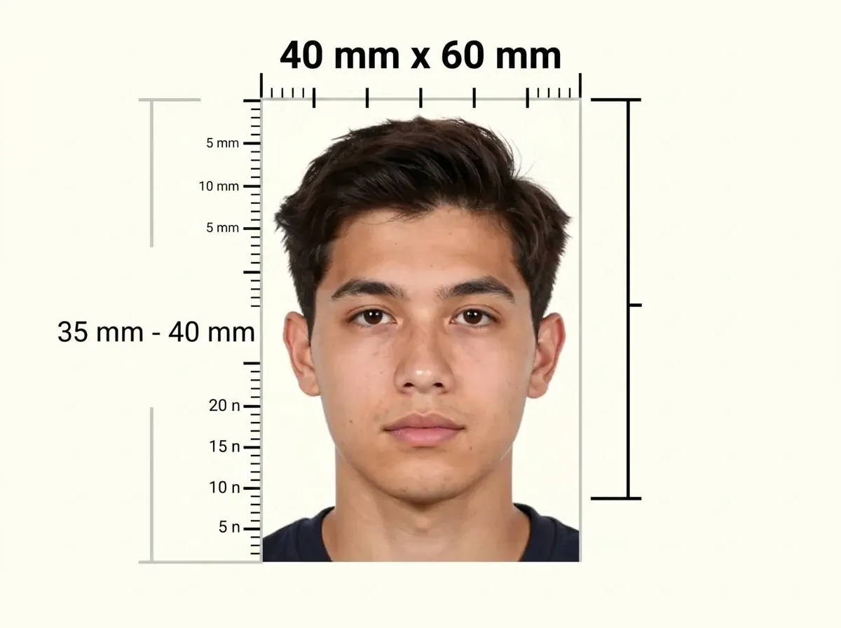 Measurement diagram of a 40 × 60 mm print with a portrait inside a finely graduated ruler frame and a bracket on the left marking a head measurement of 35 to 40 mm.