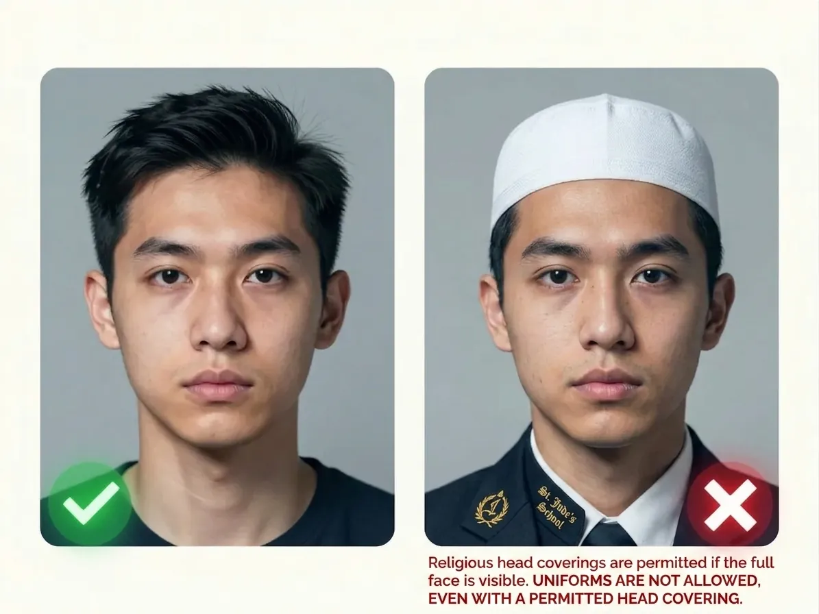 Two portraits side by side. The left, marked with a green tick, shows a man in a plain dark T-shirt. The right, marked with a red cross, shows him in a white skullcap and a dark uniform with gold embroidery, with a caption stating that religious head coverings are permitted when the full face is visible but uniforms are not allowed, even with a permitted covering.